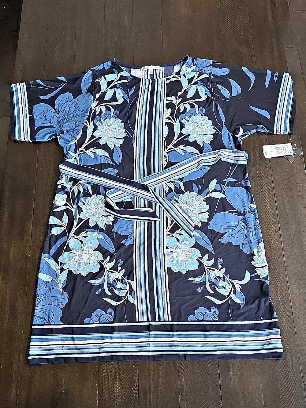 NWT Sandra Darren Floral Stripe Knee High Dress Blue White Plus Size 1X
